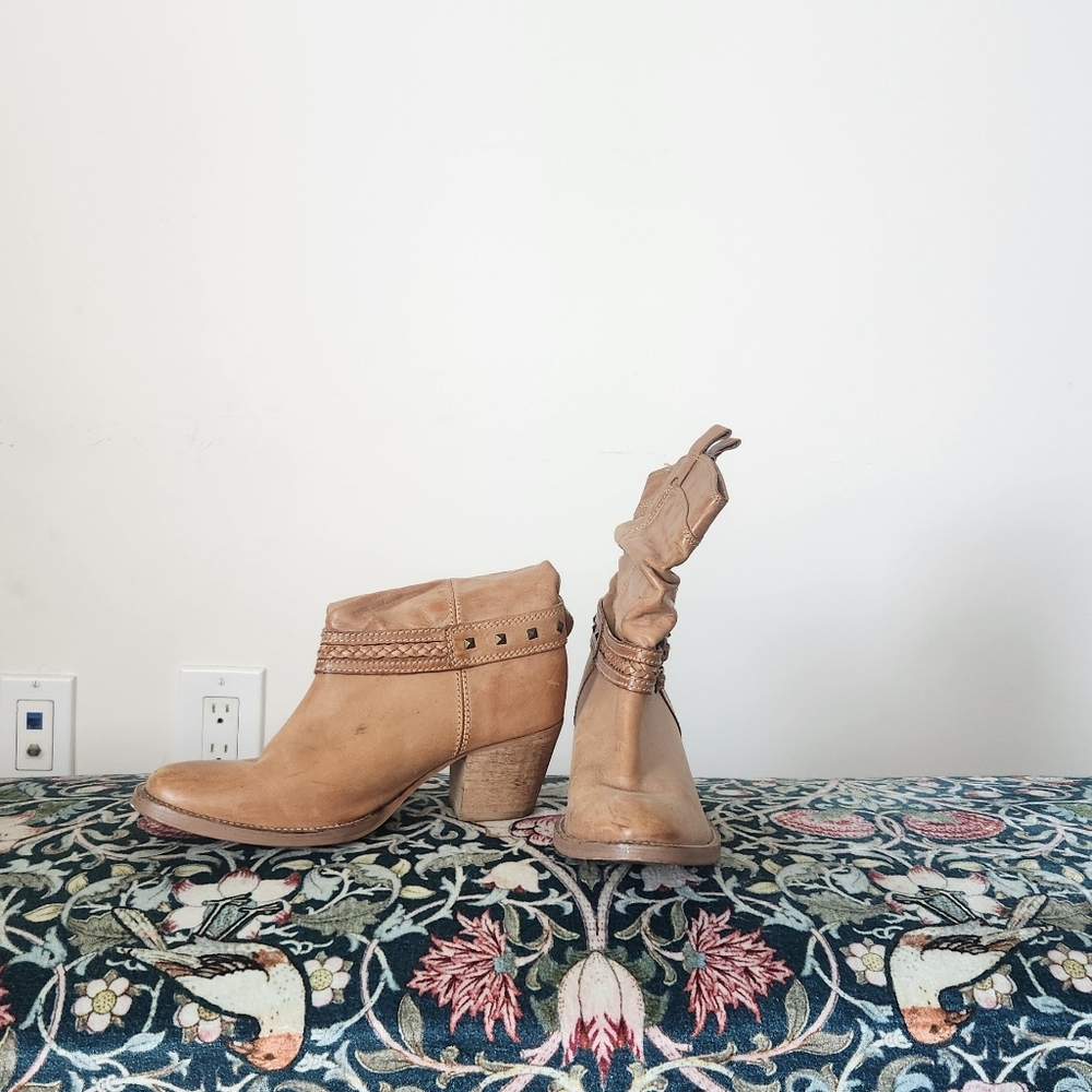 Women's Tan Leather Ankle Boots with Braided Strap